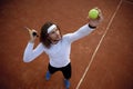 High angel view on man tennis player serving ball Royalty Free Stock Photo