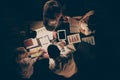 High angle above view photo of four busy hard-working business men women working overtime late evening dark office Royalty Free Stock Photo