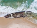 High angle aerial bird`s eye drone view of the SS Maheno shipwreck, an ocean liner which ran aground on Seventy-Five Mile Beach