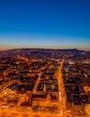 High angle Aerial drone shot of St. Francis parish church by Danube in Budapest twilight Royalty Free Stock Photo