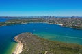 High angle aerial drone view of Balmoral Beach and Edwards Beach in the suburb of Mosman, Sydney, New South Wales, Australia. CBD