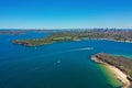 High angle aerial drone view of Balmoral Beach and Edwards Beach in the suburb of Mosman, Sydney, New South Wales, Australia. CBD