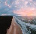 High angle aerial drone view of famous Seventy Five Mile Beach, 75 mile beach on Fraser Island, Kgari, Queensland