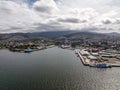 High angle aerial drone view of Sullivans Cove, the harbour area of Hobart, capital of the island state of Tasmania, Australia.