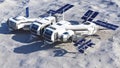 High-angle aerial view of an extended, futuristic modular habitat base on a desolate lunar or planetary surface Royalty Free Stock Photo