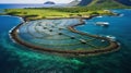 High angle aerial view of a a fish farm off the coast in the blue, sea during day time Royalty Free Stock Photo