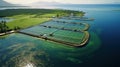 High angle aerial view of a a fish farm off the coast in the blue, sea during day time Royalty Free Stock Photo