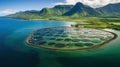 High angle aerial view of a a fish farm off the coast in the blue, sea during day time Royalty Free Stock Photo