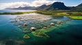 High angle aerial view of a a fish farm off the coast in the blue, sea during day time Royalty Free Stock Photo