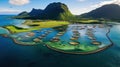 High angle aerial view of a a fish farm off the coast in the blue, sea during day time Royalty Free Stock Photo