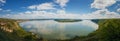 High angle, altitude view to the Nistru river, near Dubasari Dubossary, Transnistria, Moldova. Idyllic panoramic scene on the