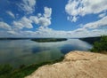 High angle, altitude view to the Nistru river, near Dubasari Dubossary, Transnistria, Moldova. Idyllic panoramic scene on the Royalty Free Stock Photo