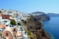 High angle of beautiful coastal houses against the sea in Santorini, Oia, Greece