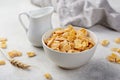 High angle breakfast corn flakes bowl with milk wheat. High quality and resolution beautiful photo concept Royalty Free Stock Photo