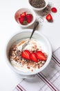 Breakfast table with healthy bowl on white background