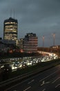 High-angle of cars in a traffic jam during evening rush hour in Duesseldorf, Germany