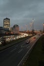 High-angle of cars in a traffic jam during evening rush hour in Duesseldorf, Germany