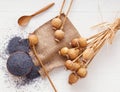 High angle close-up of dry poppy seed pods with ripe poppies. Royalty Free Stock Photo