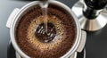 Close-up of Fresh Coffee Brewing in a Pour-Over Filter with Bubbles and Steam Royalty Free Stock Photo