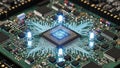 High-angle, close-up shot of a circuit board highlighting a microchip with glowing blue light effects, symbolizing technology and Royalty Free Stock Photo