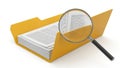 Detailed analysis of documents in a file folder using a magnifying glass Royalty Free Stock Photo