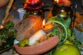 High angle close up shot of coconut, fruits and other prayer offerings on Chath Pooja in Hindu religion with incense sticks and Royalty Free Stock Photo