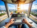 Crane Operator Controlling Tower Crane from Cab Royalty Free Stock Photo