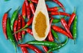 High angle close up view on isolated wood spoon with hot spicy chili powder and raw red green chillies on scratched blue china Royalty Free Stock Photo