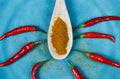 High angle close up view on  wood spoon with hot spicy chili powder and raw red green chillies on scratched blue china Royalty Free Stock Photo