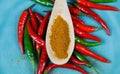 High angle close up view on  wood spoon with hot spicy chili powder and raw red green chillies on scratched blue china Royalty Free Stock Photo