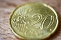 High angle closeup shot of a golden twenty-cent coin on a wooden surface with blurred background Royalty Free Stock Photo