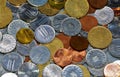 High angle closeup shot of Romanian coins scattered on a surface