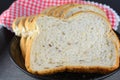 High angle closeup shot of a stack of sliced white bread in a plate next to a checkered tablecloth