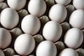 High angle closeup shot of white eggs arranged in an egg carton Royalty Free Stock Photo