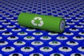 High angle of 3D rendering of green 18650 lithium battery with white recycling symbol placed on seamless background.