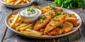 High-Angle Fish and Chips with Creamy Sauce Royalty Free Stock Photo