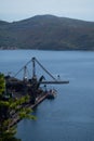 High angle of a lake and a crane for cargo ships in landscape in Croatia, Bakar Royalty Free Stock Photo