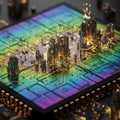 Futuristic microprocessor city with glowing circuits. Royalty Free Stock Photo