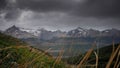 High-angle of Martial mountains lake near cloudy gloomy sky background