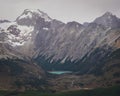 High-angle of Martial mountains lake near cloudy gloomy sky background