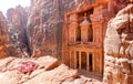 High angle panorama view of Treasury Temple in Petra after sunrise - World heritage site from the Nabatean Kingdom in Jordan Royalty Free Stock Photo