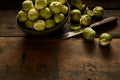 Green Brussels sprouts in bowl on table Royalty Free Stock Photo