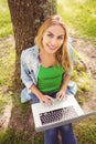 High angle portrait of woman using laptop Royalty Free Stock Photo