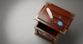 Decorative wood box featuring a feather and blue ink Royalty Free Stock Photo