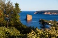 High angle selective focus back view of the famous limestone PercÃÂ© Rock and Bonaventure Island