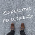 High angle shot of arrows and the words Reactive, Proactive written in front of a man's shoes