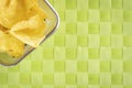 High angle shot of a basket of delicious potato chips on a woven green surface