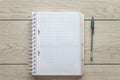 High angle shot of a blank notebook and a green pen on a wooden surface Royalty Free Stock Photo