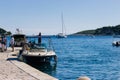 High angle shot of boats in a small port in Hvar city in Croatia Royalty Free Stock Photo