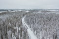 High angle shot of cars driving through a mesmerizing snowy scenery in Finland Royalty Free Stock Photo